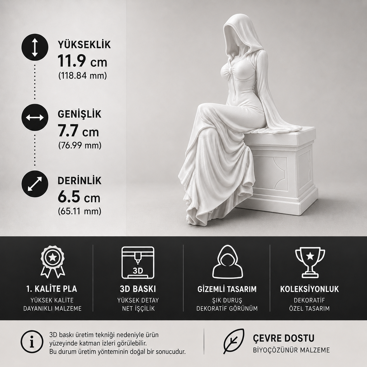Gizemli Oturan Kadın Figürü – 3D Baskı Dekoratif Koleksiyon Ürünü