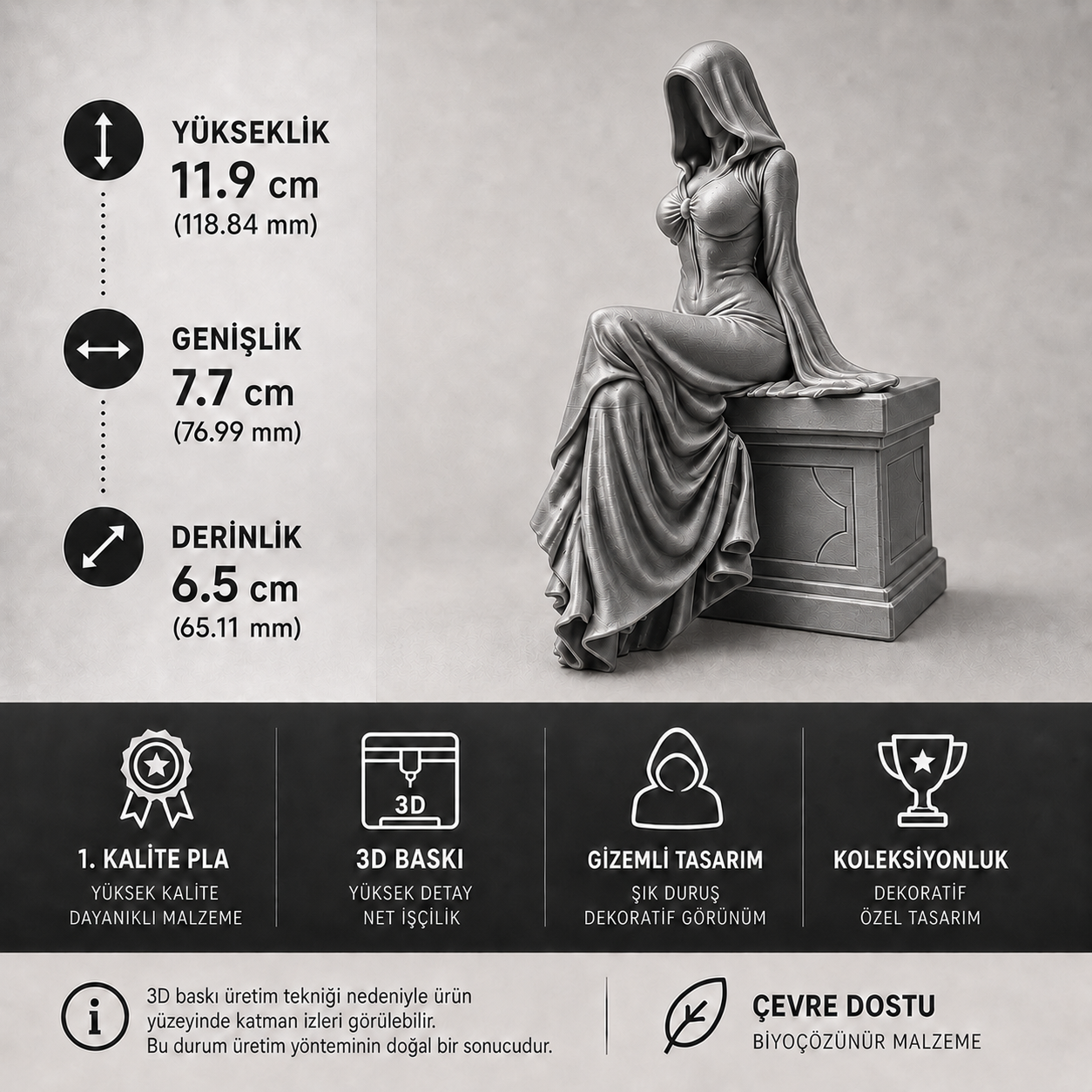 Gizemli Oturan Kadın Figürü – 3D Baskı Dekoratif Koleksiyon Ürünü